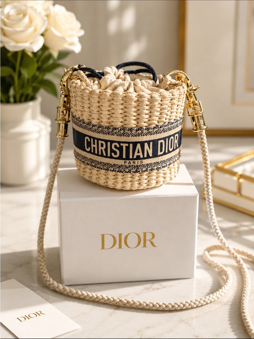 FASHION MINI Beige Straw Bucket Bag with Navy Logo Band